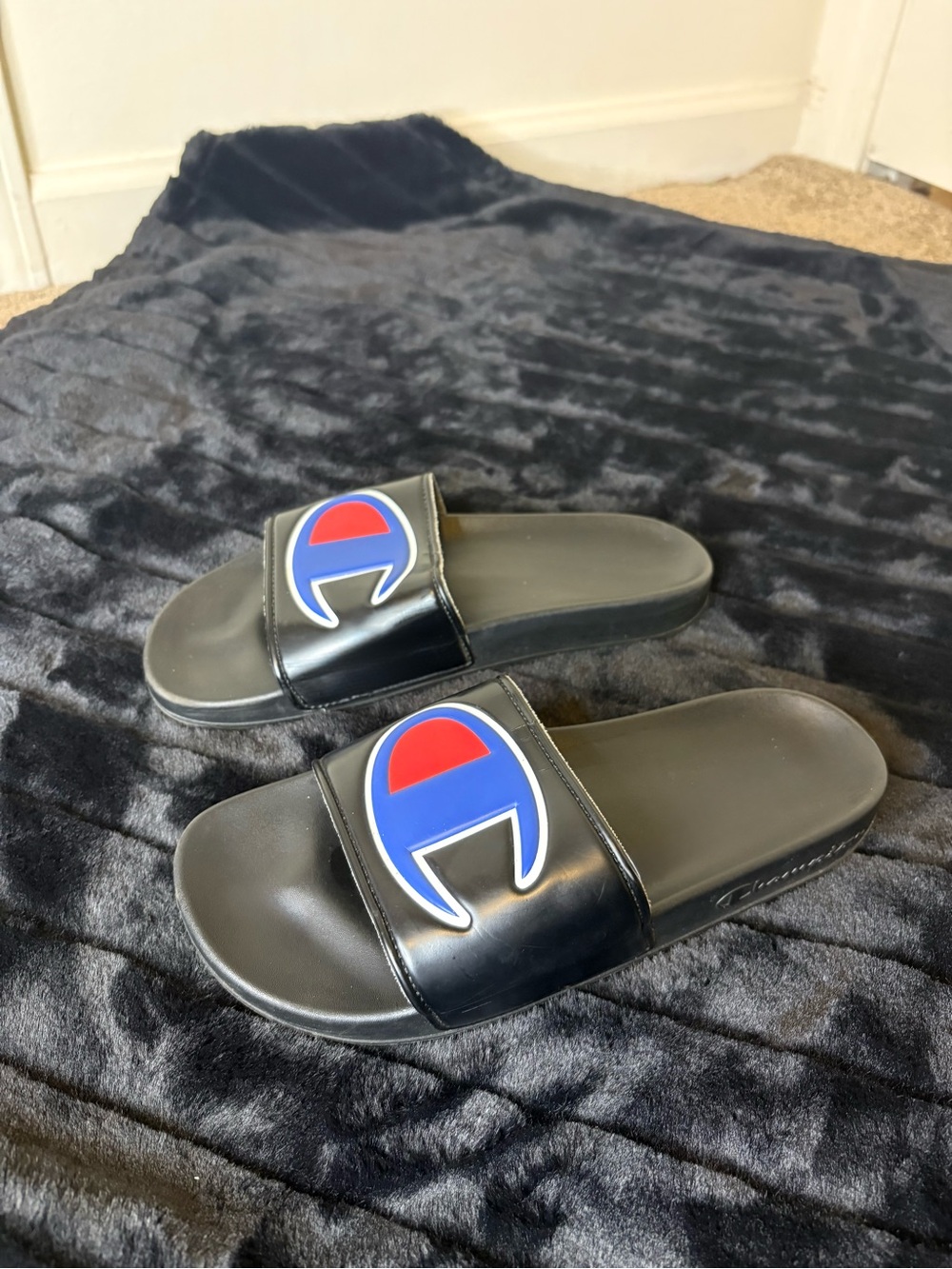 Champion Black Slide Sandals with Blue and Red Logo